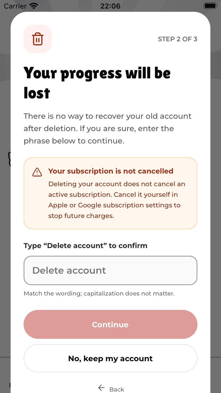 Account deletion confirmation asking you to type Delete account.